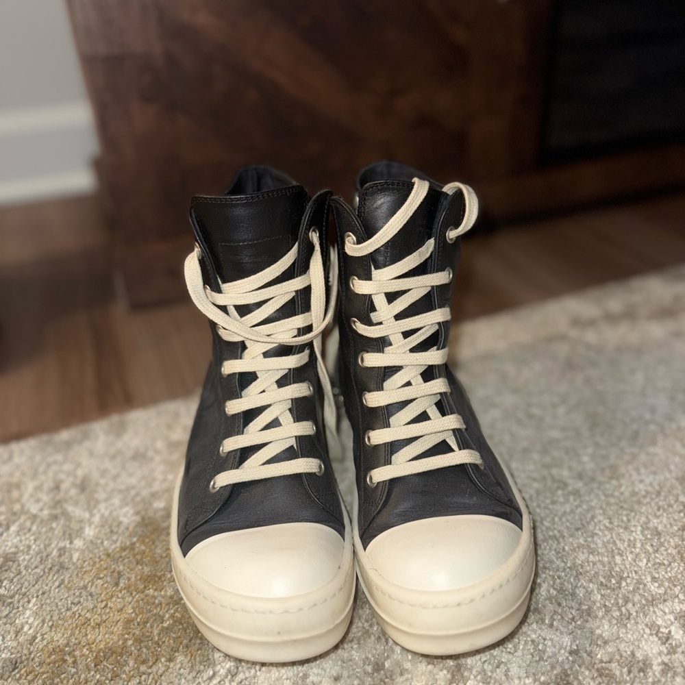 Rick Owens Black and Cream High-Top Sneakers